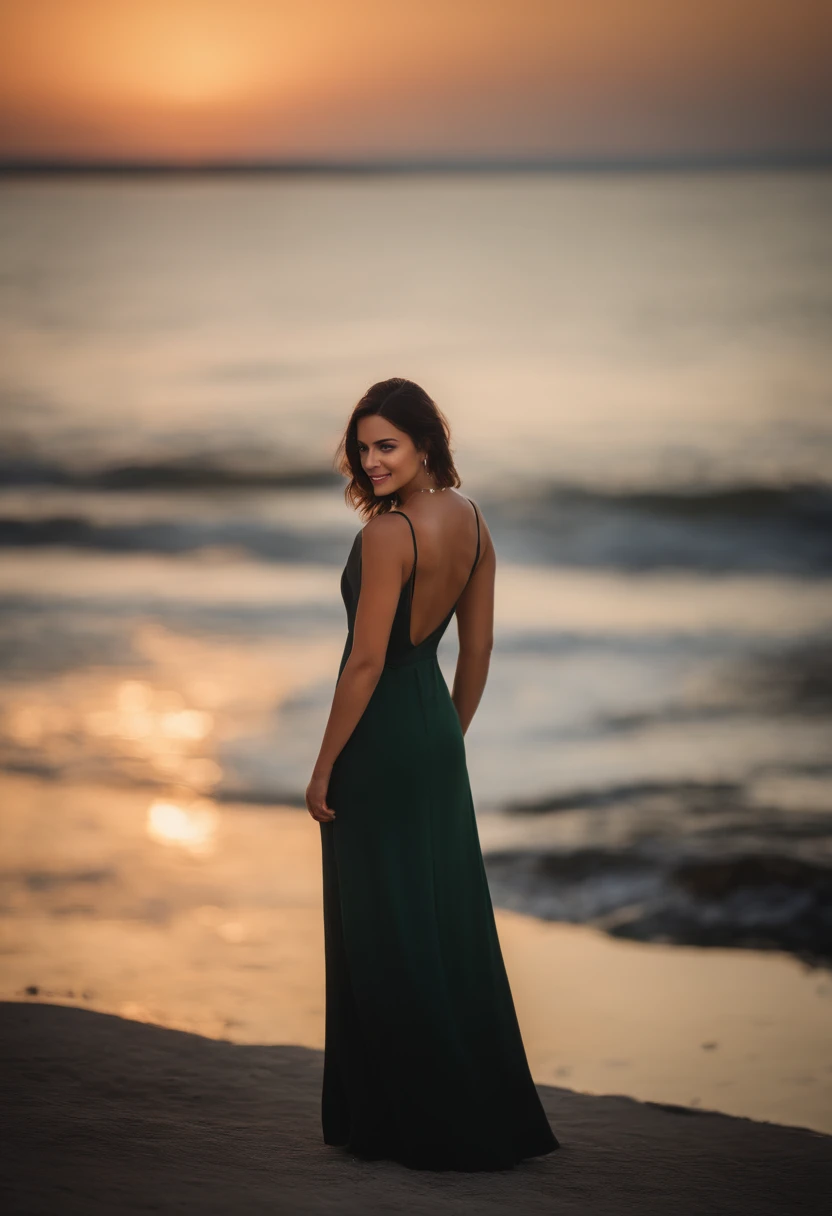 A girl who has black lob hair and green eyes. She is wearing a black low back dress, and black heeled shoes. She has a casual necklase. She is looking at the camera over her shoulder, but her body is facing the sea, and she is smiling. And the weather is sunset.