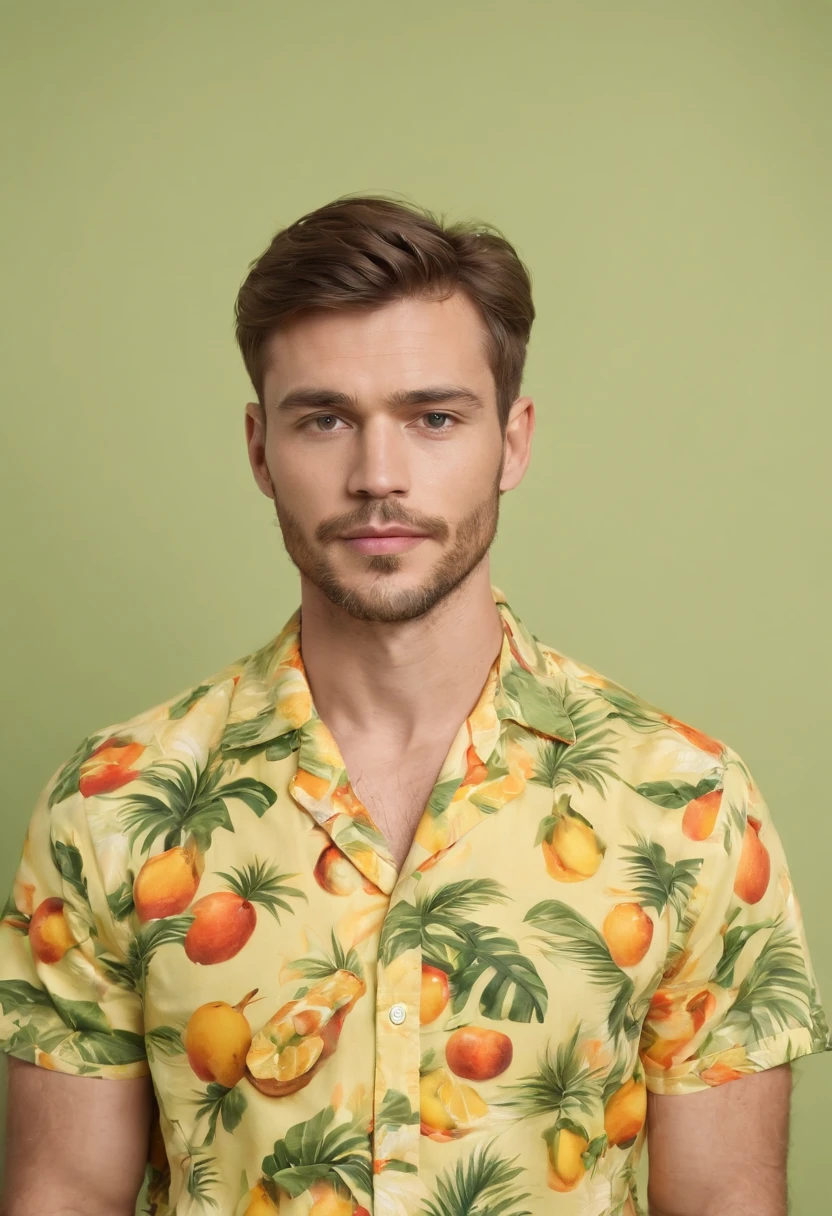 Handsome man wearing tropical fruit shirt on yellow background, cool style, mixed pattern, marble texture, animated GIF, Harlem Renaissance, naturalistic bird portrait, light green and orangutan, (medium shot)