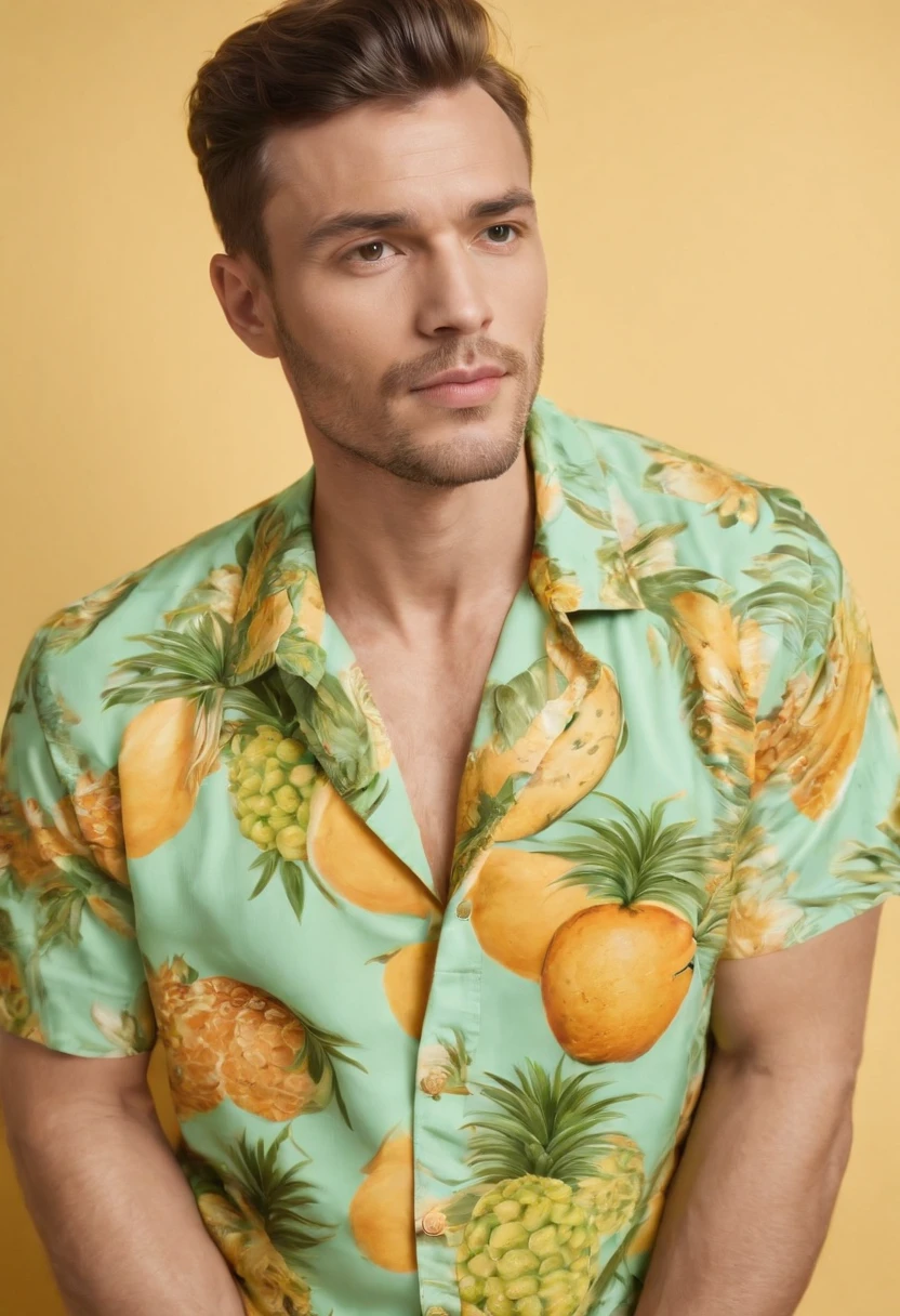 Handsome man wearing tropical fruit shirt on yellow background, cool style, mixed pattern, marble texture, animated GIF, Harlem Renaissance, naturalistic bird portrait, light green and orangutan, (medium shot)
