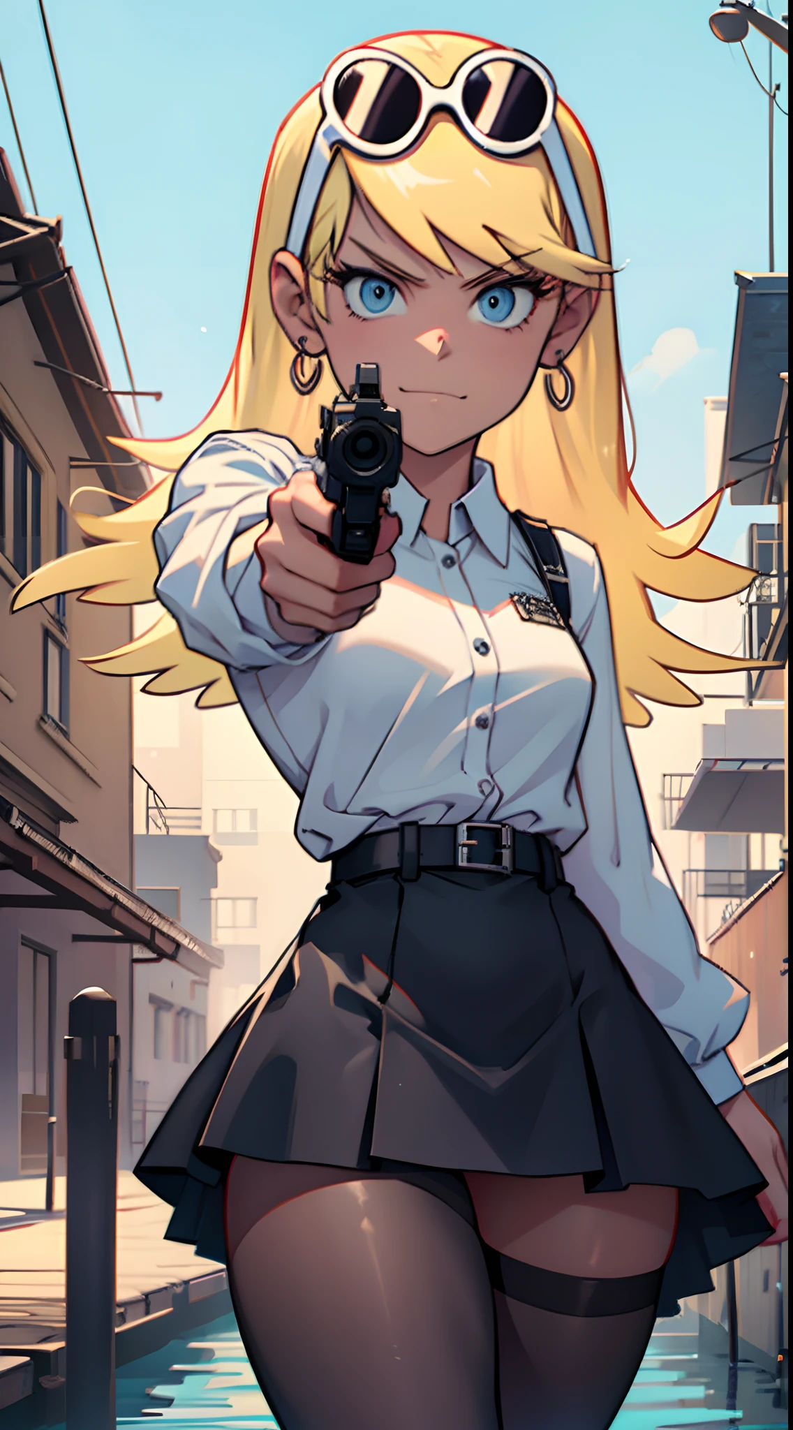 ((masterpiece, best quality)),solo,1girl, leniloud, leni loud, blonde hair, read earloops, highres, detailed, soft lighting, long hair, white shirt, criminal girl, black leather jacket, black skirt, pantyhose, lingerie, background : ocean docks, angry, smirk, missing tooth, black outline, aiming at viewer, holding pistol, handgun, looking at you