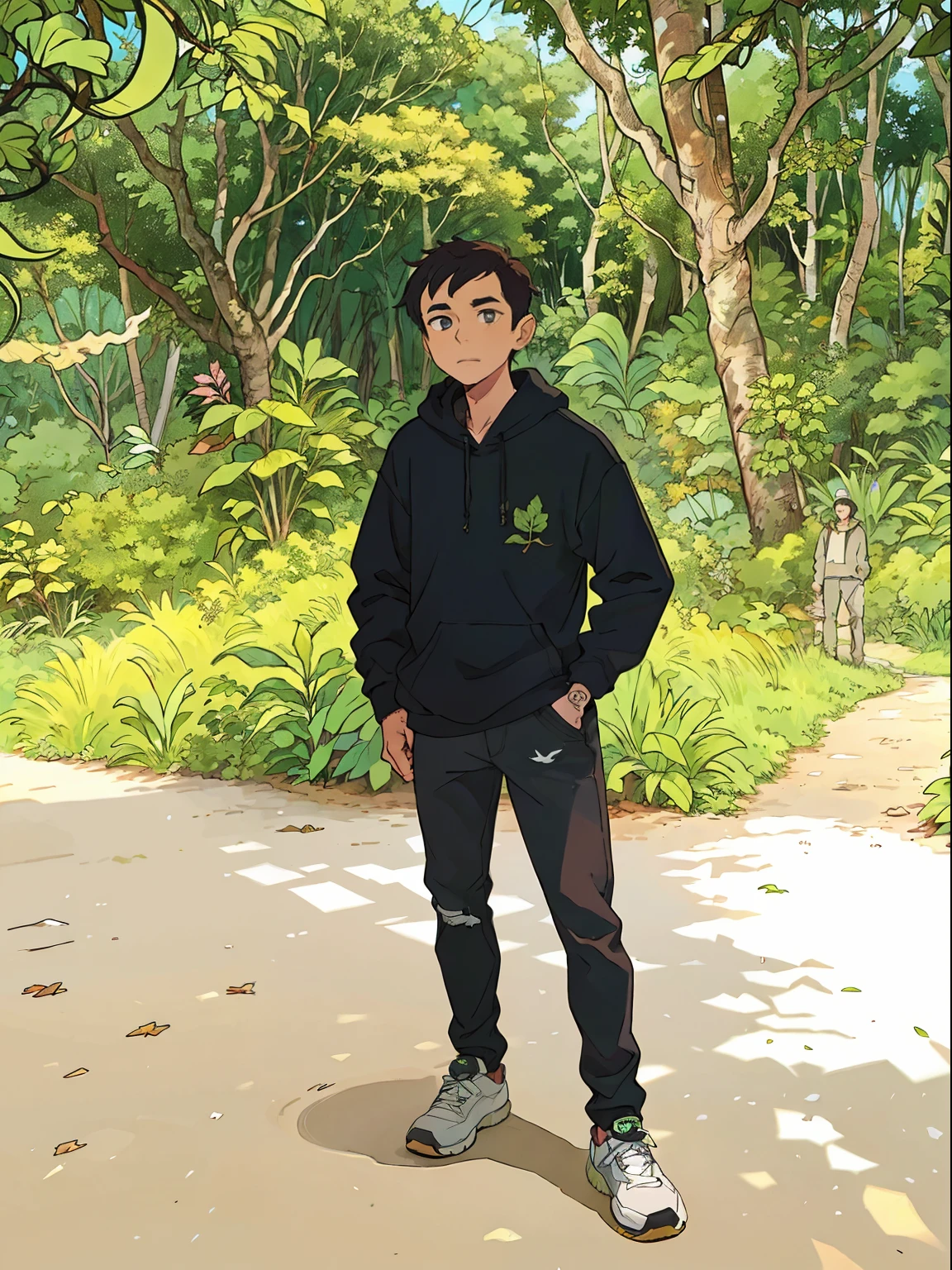 there is a man standing on a dirt road in front of a tree, in front of a forest background, casual photography, wearing a black hoodie, standing in a botanical garden, casual pose, with a cool pose, in jungle, in garden, wearing jeans and a black hoodie, full body photogenic shot, in a park, in jungle forest, in a jungle environment