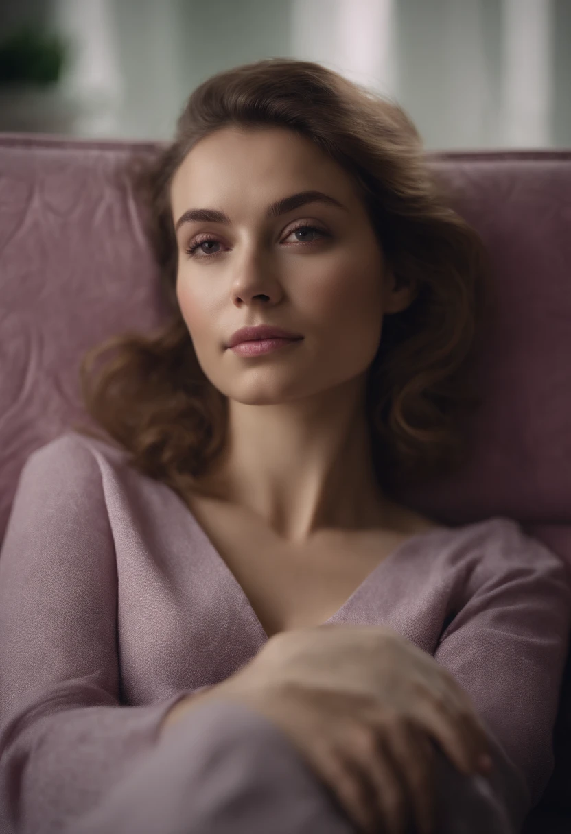 young woman laying on armchair ((upper body)) in the style of light magenta and light gray, calm and meditative, barbizon school, exaggerated facial features, light brown and white, happycore,