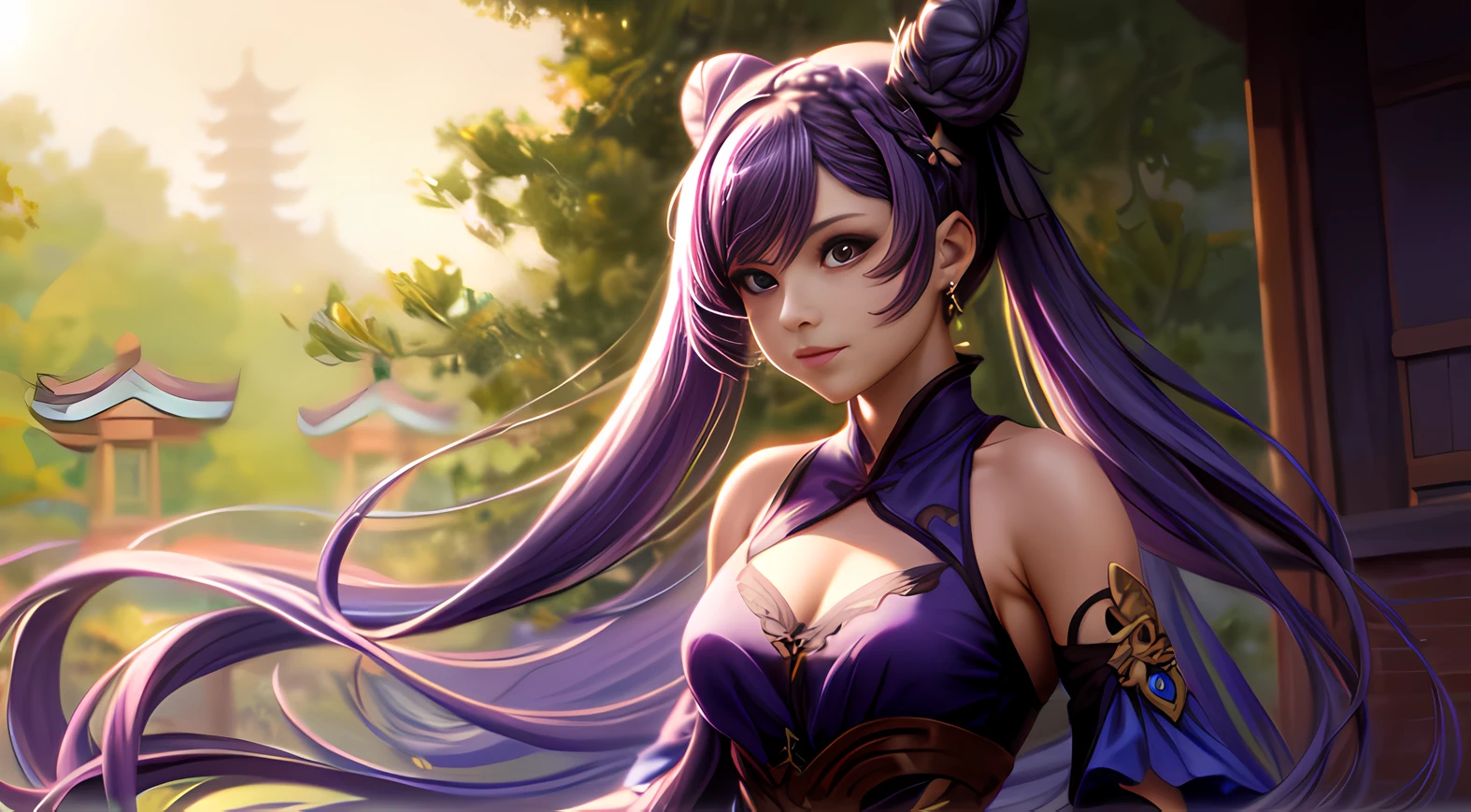 1girl, (solo), bangs, bracelet, breasts, closed mouth, cone hair bun, day, ((double bun)), dress, earrings, east asian architecture, flower, hair bun, hair flower, hair ornament, holding, holding flower, jewelry, keqing \(genshin impact\), lips, long hair, looking at viewer, outdoors, ((purple hair)), short sleeves, skirt, solo, tassel, tree, twintails, white flower, high detail official illustrations, hyperdetailed, ((cinematic lighting)), gears, bronze, ((volumetric lighting)), 8k , ((watercolor)), official art by ((shinkai makoto)) ((hideaki anno:1.2)), sakimichan stanley, artgerm lau rossdraws, james jean, ((marc simonetti:1.2)), ((elegant)), ((highly detailed digital)), painting ((artstation)), hands as picture by antonio manzanedo, realistic, ((character reference in korean folklore))