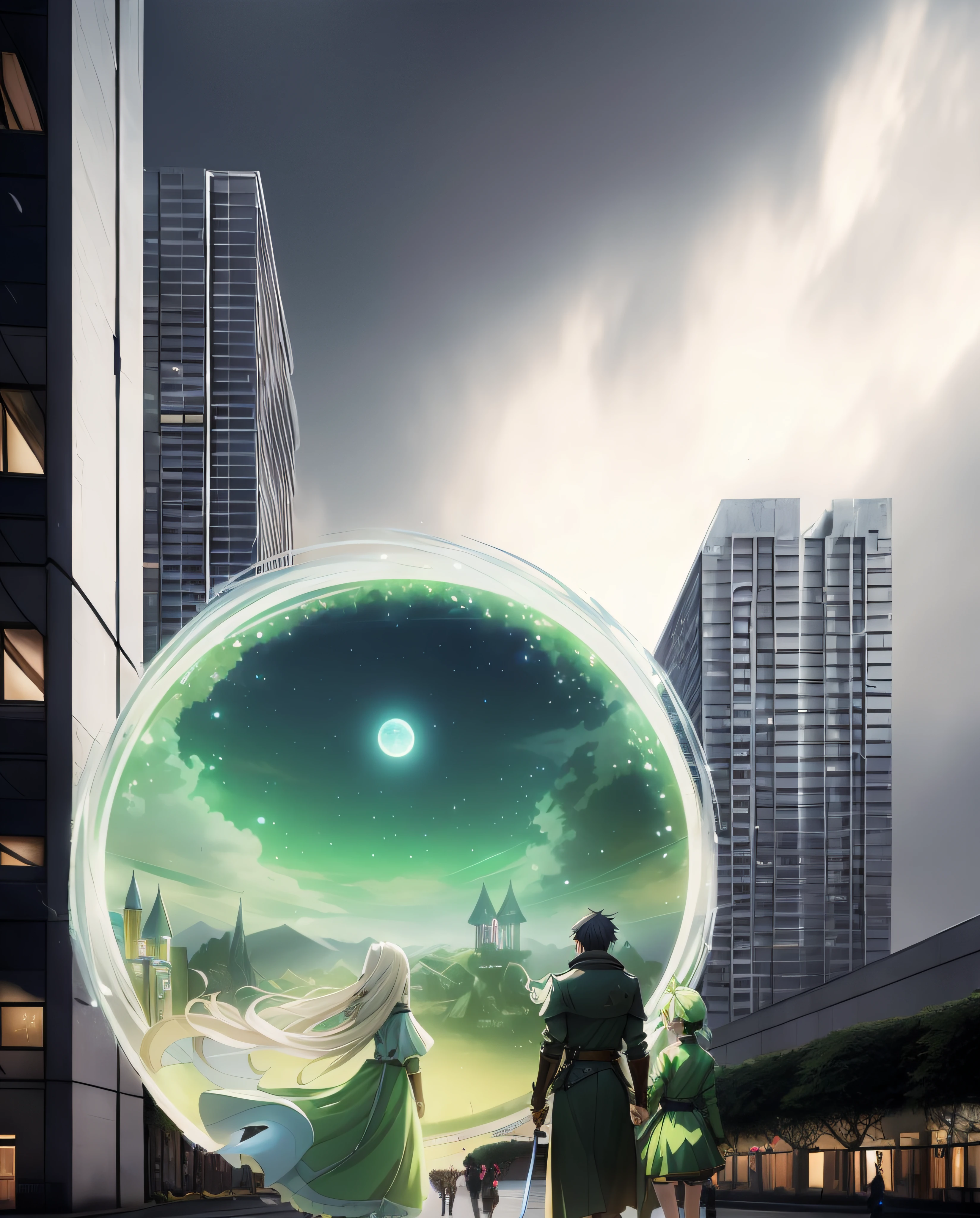 An anime scene of a man and woman walking in a city, in front of a fantasy city, Stylized urban fantasy artwork, realistic fantasy rendering, 3 d render beeple, in fantasy sci - fi city, Art fantastique grand angle, fantasy cityscape, beautiful render of a fairytale, Realistic fantasy illustration, artgem and beeple masterpiece