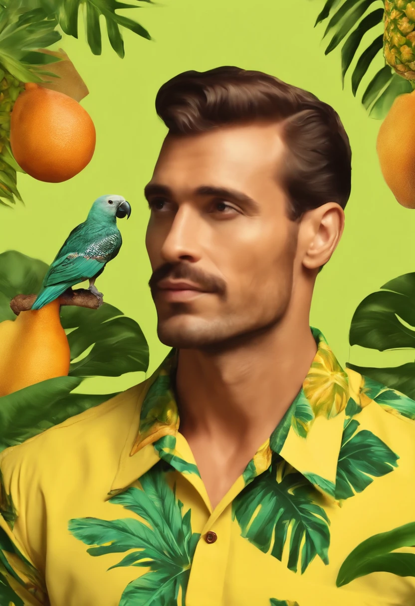 Handsome man wearing tropical fruit shirt on yellow background, cool style, mixed pattern, marble texture, animated GIF, Harlem Renaissance, naturalistic bird portrait, light green and orangutan, (medium shot)