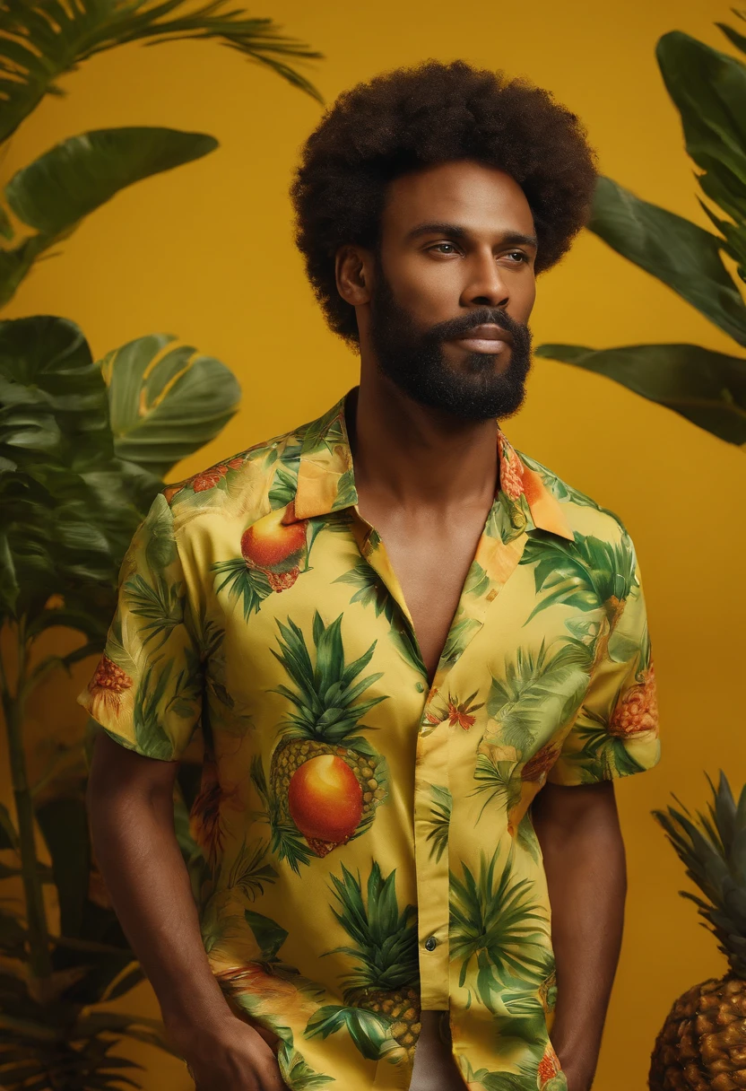 Handsome man wearing tropical fruit shirt on yellow background, cool style, mixed pattern, marble texture, animated GIF, Harlem Renaissance, naturalistic bird portrait, light green and orangutan, (medium shot)