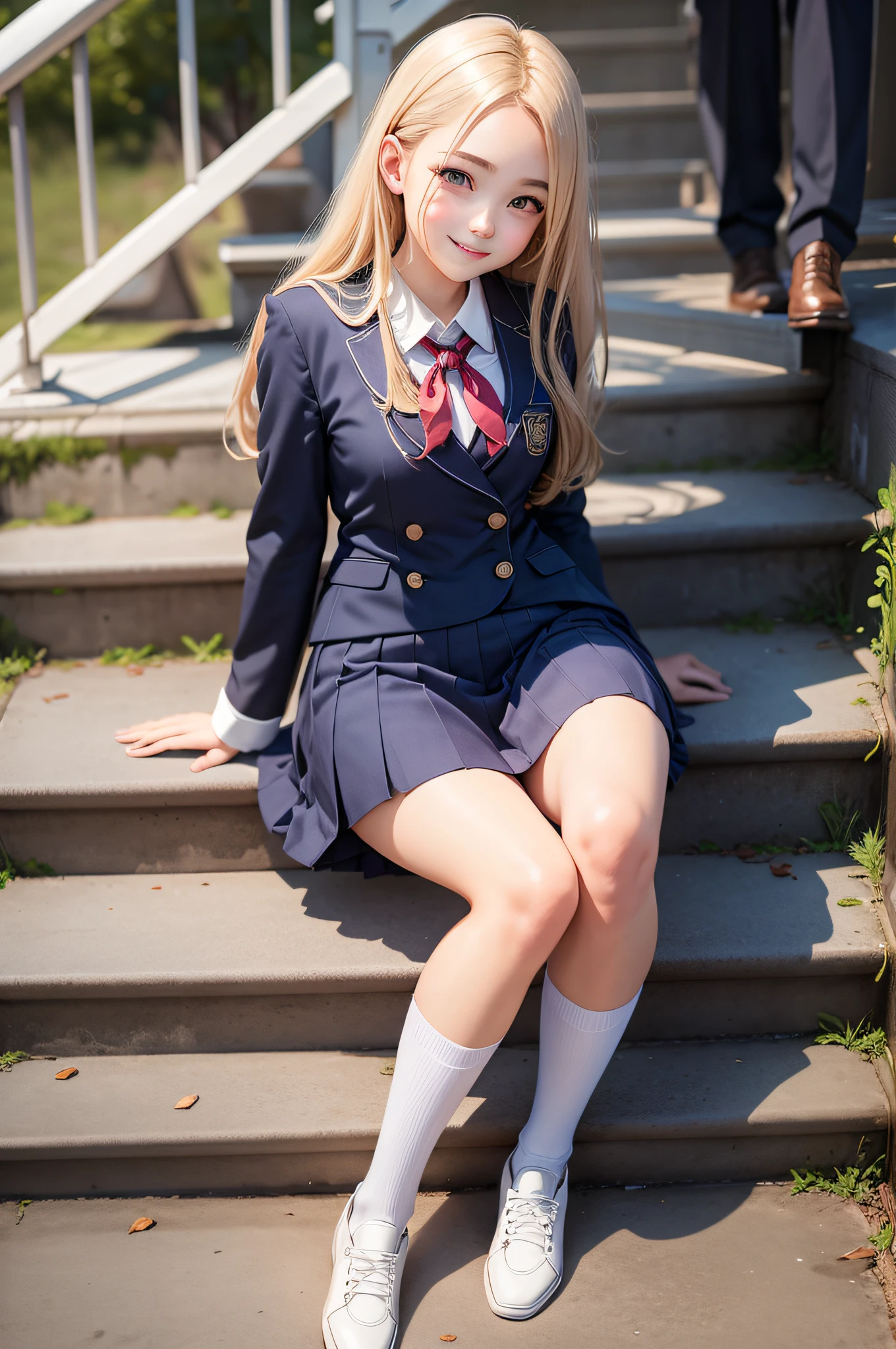 1garl、school uniform、sit on stairs、Slightly crotch open、smile