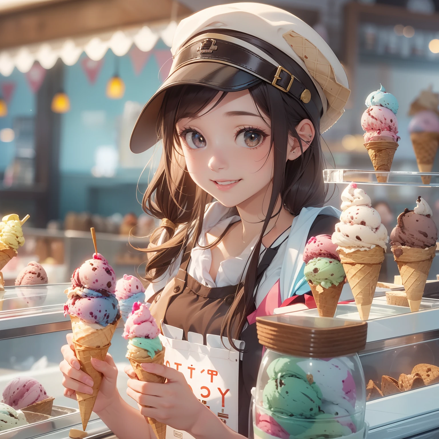 of the highest quality, 8K, High Definition, masutepiece, 1 girl, (Portrait: 0.6),(Thirty One Ice Cream Shop:1.5),(Well-served ice cream: 1.3), (Clerk in a hat:1.4) , (Black hair) And (Brown eyes), poneyTail, (Cheerful smile: 1.3), (Viewers: 1.3), (Bokeh), 18 years old,
