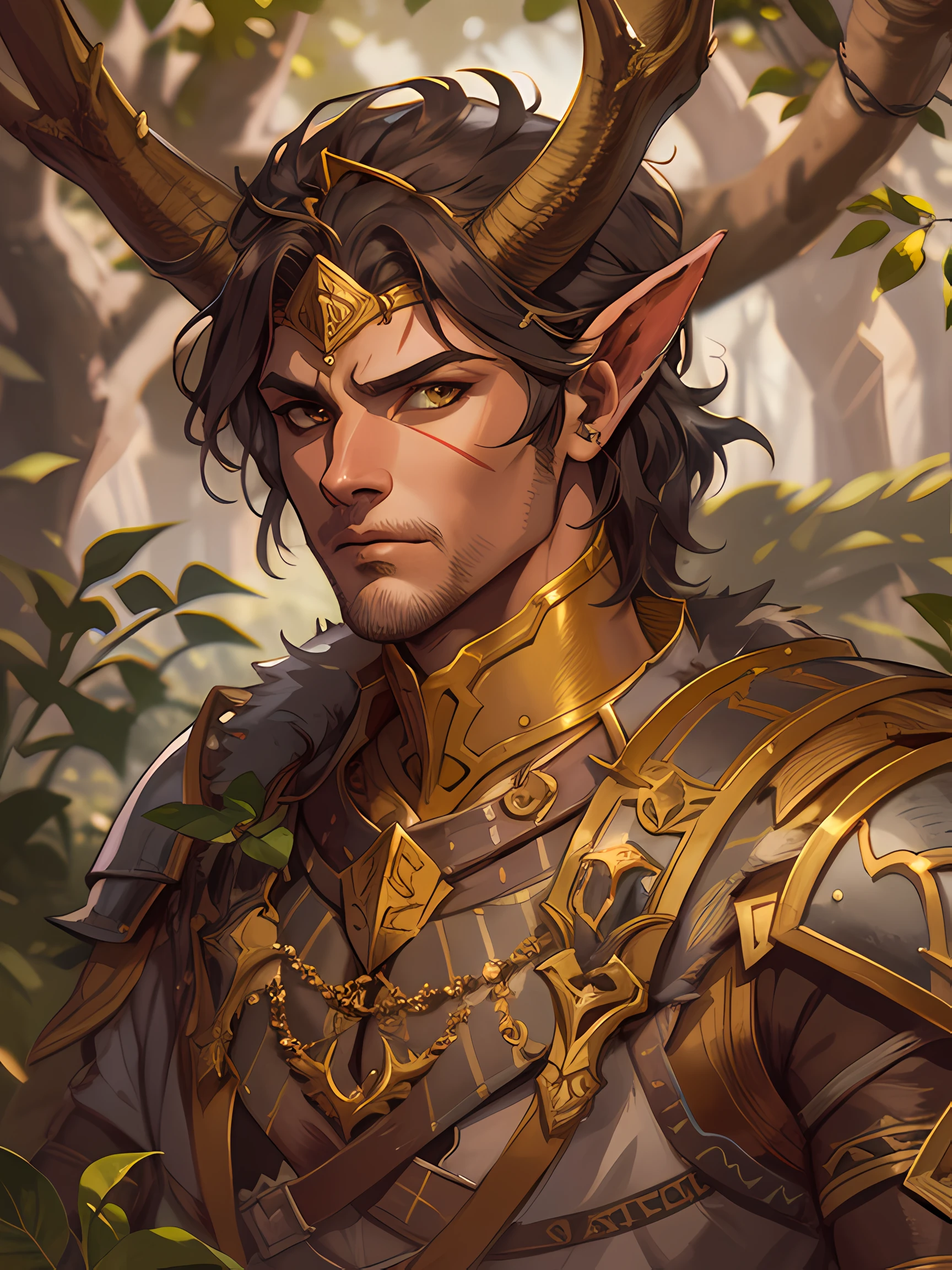 D&D drawing, a very handsome faun druid with golden eyes and a tunic with an acacia tree pattern, expression loyal, close-up intensity, masterpiece, best quality, ultra-detailed, cinematic beautiful lighting, intricate details, looking at viewer, depth of field-ar 2:3-s 200, knight, armored