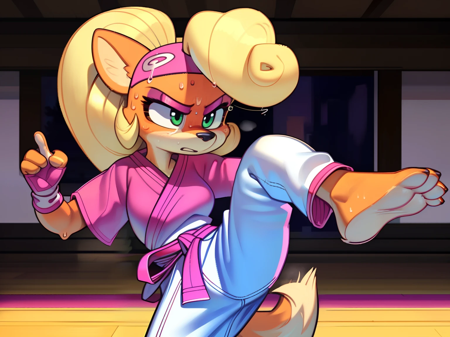 [Coco bandicoot], [Uploaded to e621.net; (Pixelsketcher), (wamudraws)], ((masterpiece)), ((solo portrait)), ((full body)), ((furry; anthro)), ((detailed fur)), ((detailed shading)), ((beautiful render art)), ((feet visible)), ((cel shading)), {anthro; (orange fur, black nose), cute green eyes, (pink eyeshadow), (sweat on face), (angry), blonde hair, ponytail}, {(white folded gi), (white baggy pants), (beautiful feet), (pink fingerless gloves), (pink karate headband on head)}, {(karate), (dynamic pose)}, [background; (open room), (dojo), (wood floor), (ambient lighting)]
