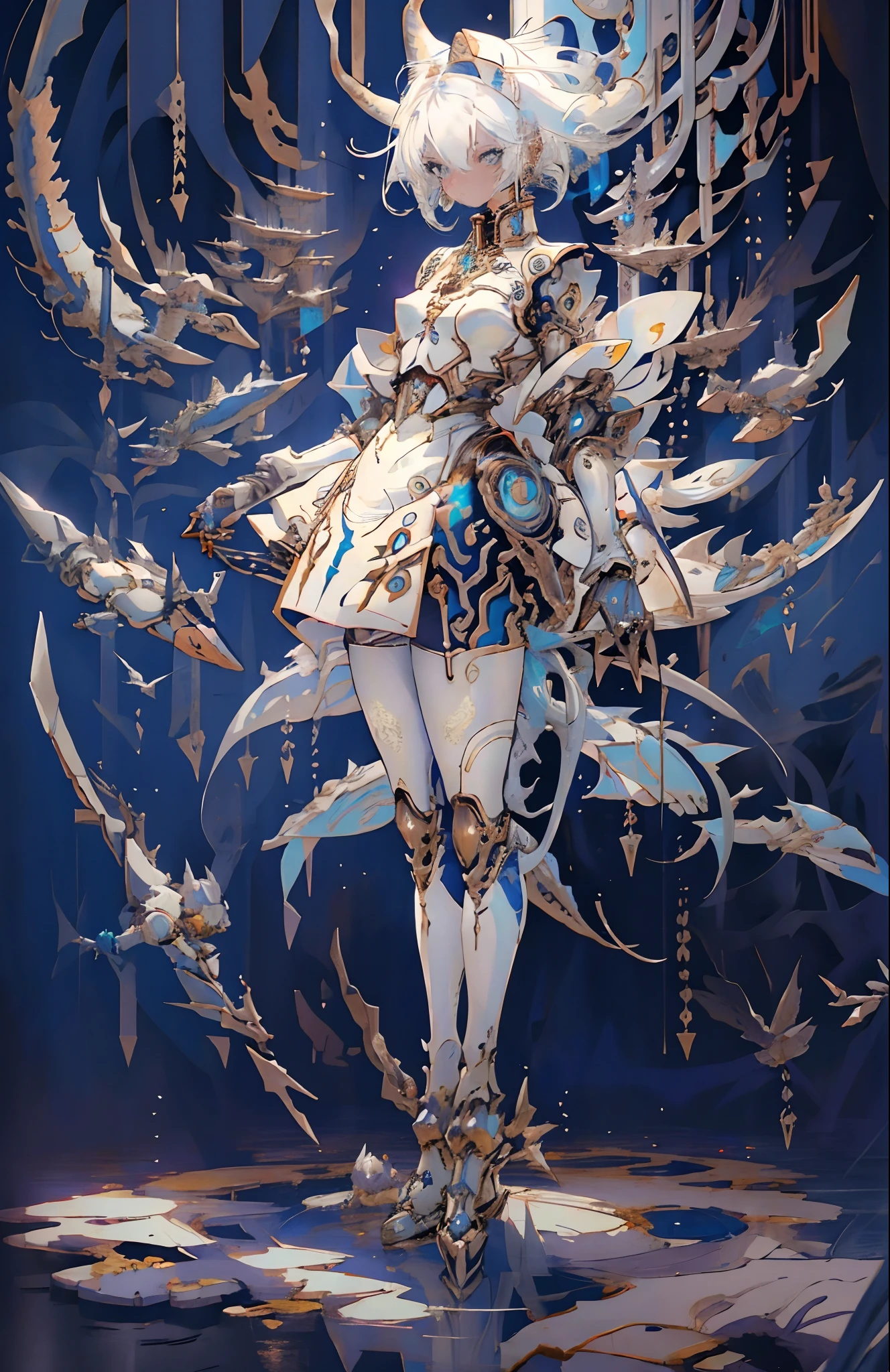 girl, fish, white hair, blue eyes, mechanical body, human, cyborg, pipes, metal parts attached to body, masterpiece, 8K screenshot, artbook, weapons, looking back, bending knees, hands up, cat ear, wing, metal fish, pattern