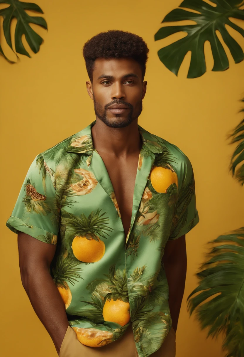 Handsome man wearing tropical fruit shirt on yellow background, cool style, mixed pattern, marble texture, animated GIF, Harlem Renaissance, naturalistic bird portrait, light green and orangutan, (medium shot)