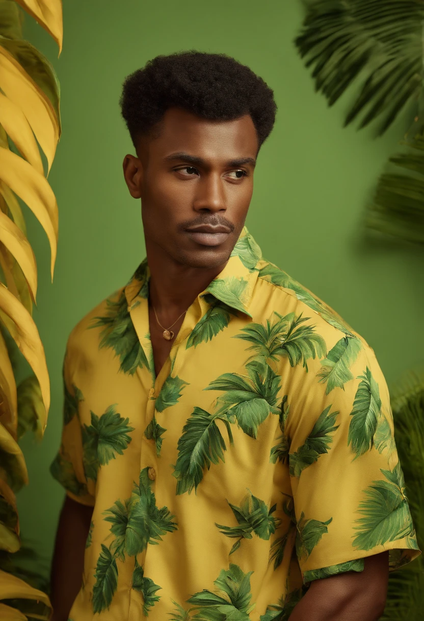 Handsome man wearing tropical fruit shirt on yellow background, cool style, mixed pattern, marble texture, animated GIF, Harlem Renaissance, naturalistic bird portrait, light green and orangutan, (medium shot)