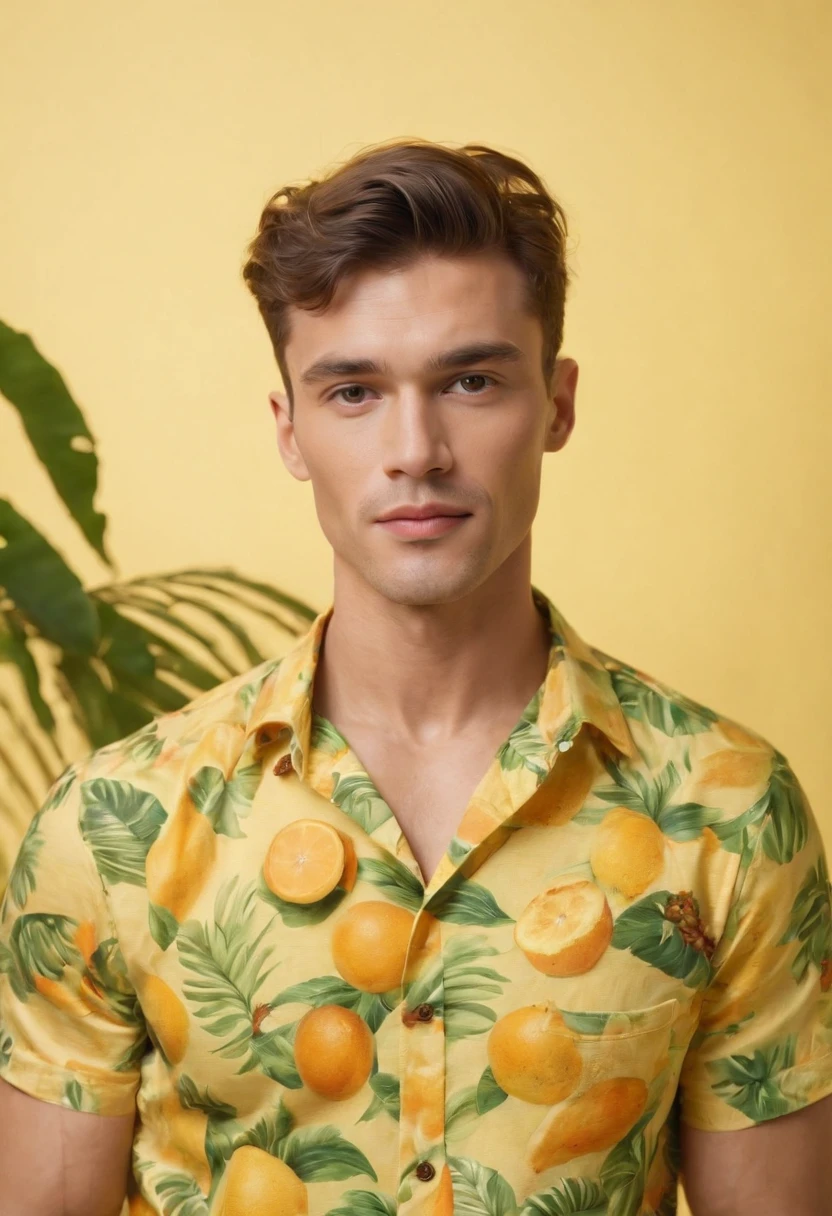 Handsome man wearing tropical fruit shirt on yellow background, cool style, mixed pattern, marble texture, animated GIF, Harlem Renaissance, naturalistic bird portrait, light green and orangutan, (medium shot)