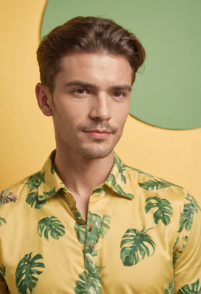 Handsome man wearing tropical fruit shirt on yellow background, cool style, mixed pattern, marble texture, animated GIF, Harlem Renaissance, naturalistic bird portrait, light green and orangutan, (medium shot)