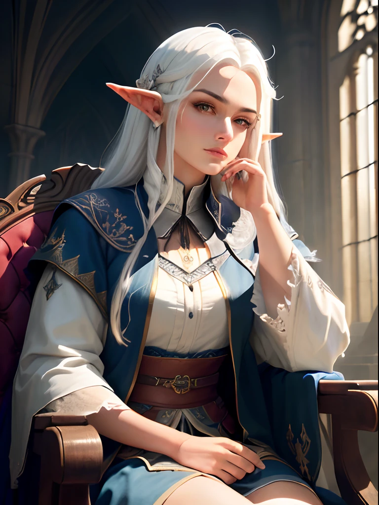 A high elf with white hair sits in a Kadilau chair in the background，there is a Soniste crow next to her ，gloomy castle，religion, solid color backdrop，clean backdrop，depth of fields，high light，Real light，Ray traching，OC renderer，UE5 renderer，Hyper-realistic，best qualtiy，8K，Works of masters，super-fine，Detailed face，Correct anatomy，