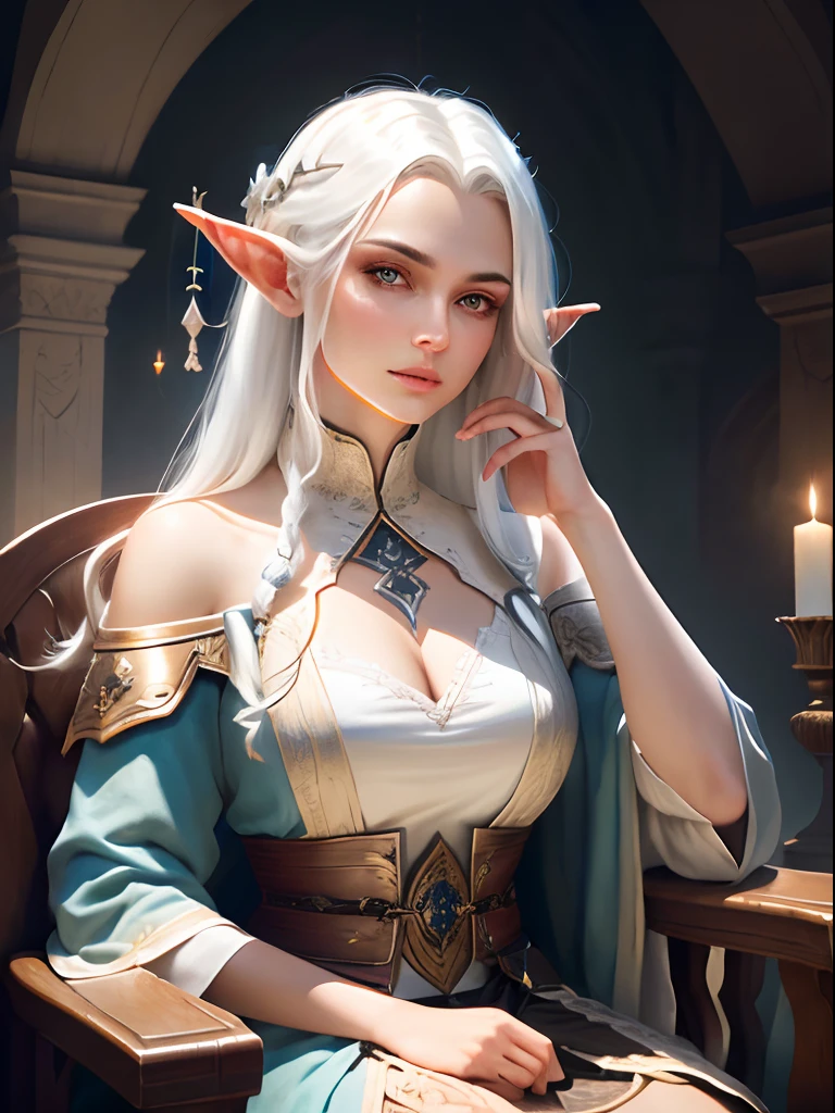 A high elf with white hair sits in a Kadilau chair in the background，there is a Soniste crow next to her ，gloomy castle，religion, solid color backdrop，clean backdrop，depth of fields，high light，Real light，Ray traching，OC renderer，UE5 renderer，Hyper-realistic，best qualtiy，8K，Works of masters，super-fine，Detailed face，Correct anatomy，