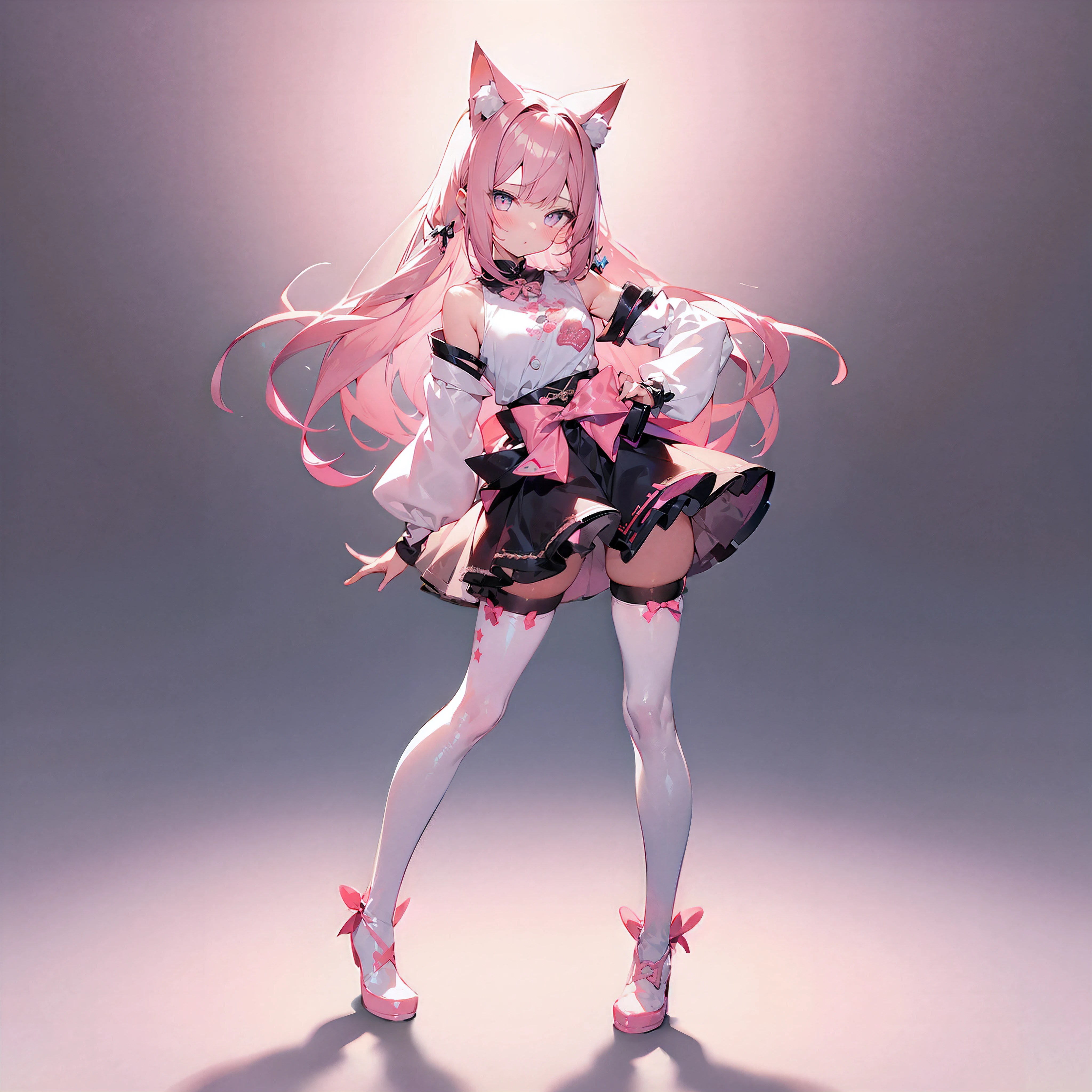 Cute girl with cat ears、Japan anime style、Moe、Full body painting、Standing Picture、Authentic and highly detailed body、小柄、girl with、childish、10yaers old、length hair、bangss、A pink-haired、Authentic and highly detailed face、beautiful eyes that are authentic and highly detailed,、 cat ear、Authentic and very delicate arms and hands、Authentic and highly detailed human hands(5 fingers)、The most beautiful girl in the world、Delicate and beautiful pink cat eyes、Authentic skin texture、komono、ta、a miniskirt、Authentic and highly detailed pink knee-high socks、Authentic and highly detailed long boots、An ultra-high picture quality