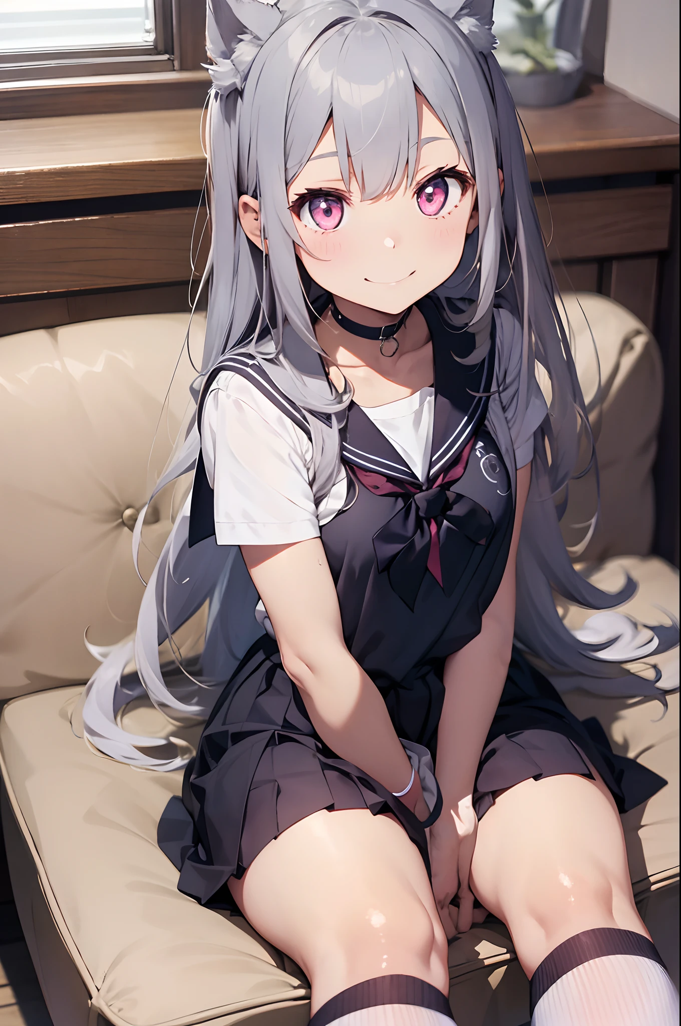 girl with、hi-school girl、Sailor Uniform、a miniskirt、silber hair、long silvery hair、Canine ears、Pink eyes、Evil smile、Sit on the sofa