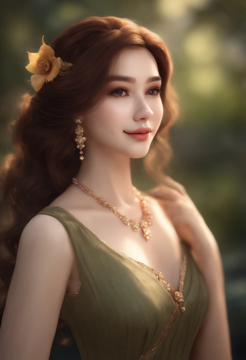girlcuchoami, 1girl, (smile), photo art, blurry background, brown eyes, brown hair, earrings, flower, hair flower, hair ornament, jewelry, lips, makeup, skirt, solo, a stunning photo with beautiful saturation, ultra high res,(realistic:1.4)),deep shadow,(best quality, masterpiece), pale skin, dimly lit, shade, flustered, blush, highly detailed, ((upper body:0.8)), skinny, BREAK depth of field, film grain, wrinkled skin, looking at viewer, knee, warm smile, (masterpiece,best quality:1.5) masterpiece,ultra realistic,32k,extremely detailed CG unity 8k wallpaper, best quality, (upper body:1.2)