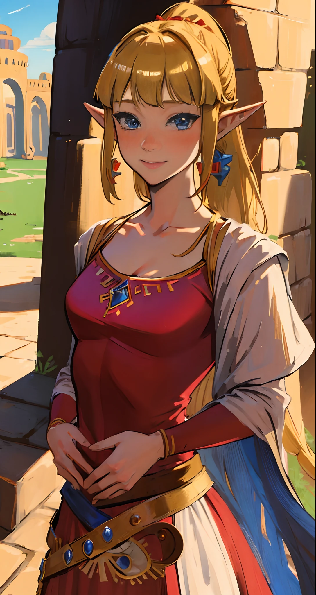 (adult:1.4)(masterpiece, best quality:1.2), 1girl,solo,(looking at viewer), princess, Zelda, red theme, long dress, blonde hair, blue eyes, palace, cowboy shot, ponytail,(blushing), (collar), (smiling:0.7),(see-through:0.3)(eyes open:1.3),(excited:0.4)(surprised:0.2)