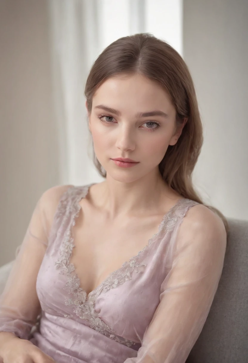 young woman siting on armchair ((upper body)) in the style of light magenta and light gray, calm and meditative, barbizon school, exaggerated facial features, light brown and white, happycore,
