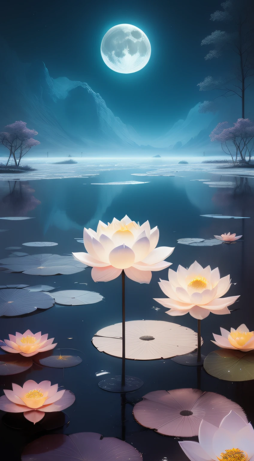 (((the night))),(((the huge moon))),Moonlight is reflected on the surface of the water,Lotus lamp,Huge pond,Faraway view,Wide world,inverted image,Water streaks,Ancient Chinese palaces