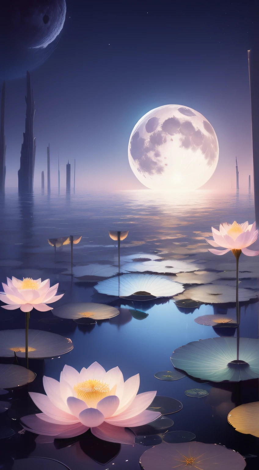 (((the night)))，(((the huge moon)))，Moonlight is reflected on the surface of the water，lotus flower，Huge pond，Faraway view，Wide world，inverted image，Water streaks