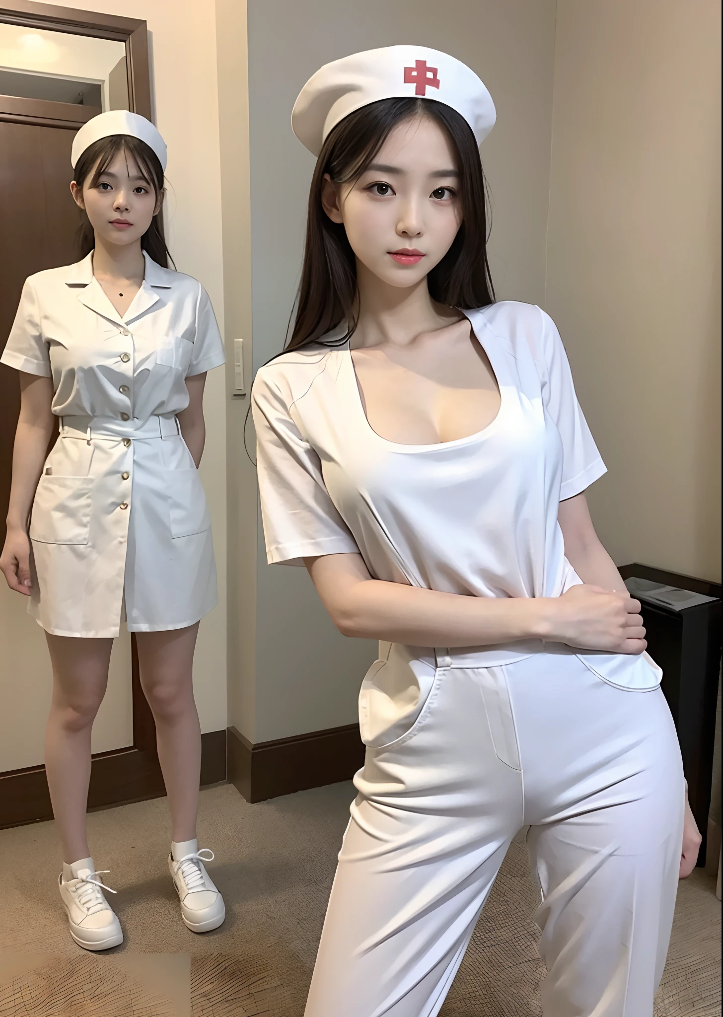 (in 8K, top-quality, a masterpiece of:1.2), (realisitic, Photorealsitic:1.37), ultra-detailliert, small tits、Skinny face、Mature look、de pele branca、nurse、Suppin、Narrow slit eyes、Small eyes、Small, Narrow eyes、30-years old,独奏,Nasal blush、A smile、a closed mouth、tiny chest、Delicate body、Black eyes、beatiful detailed eyes、Single eyelid、poneyTail、A dark-haired 、short cut hair、fullllbody、Skinny Legs、Manteau blanc、nurse、see -through、White blouse