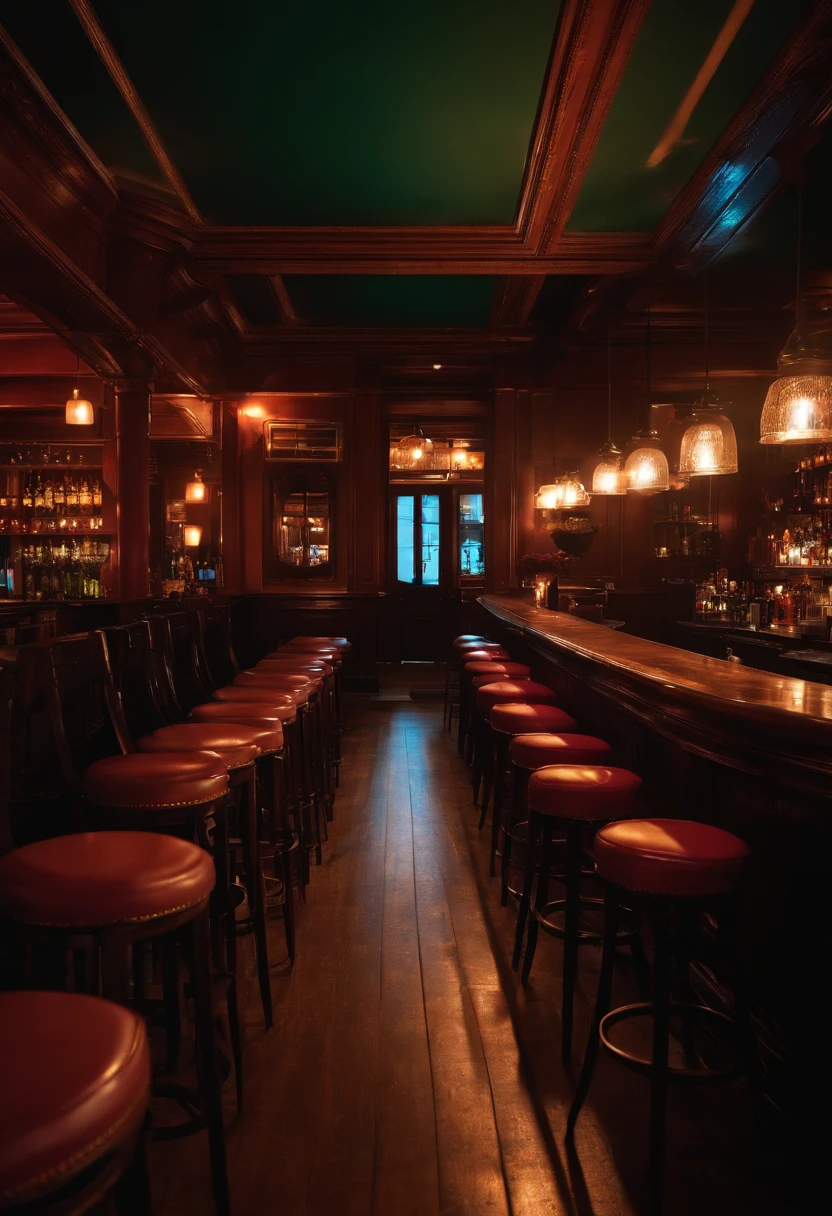 Empty bar, dark warmth, night, row of high chairs by the bar, deserted