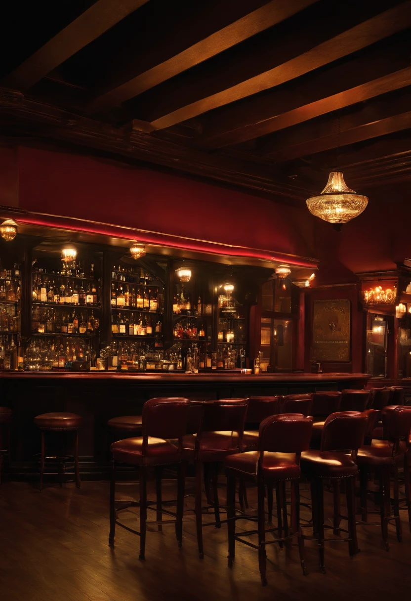 Empty bar, dark warmth, night, row of high chairs by the bar, deserted