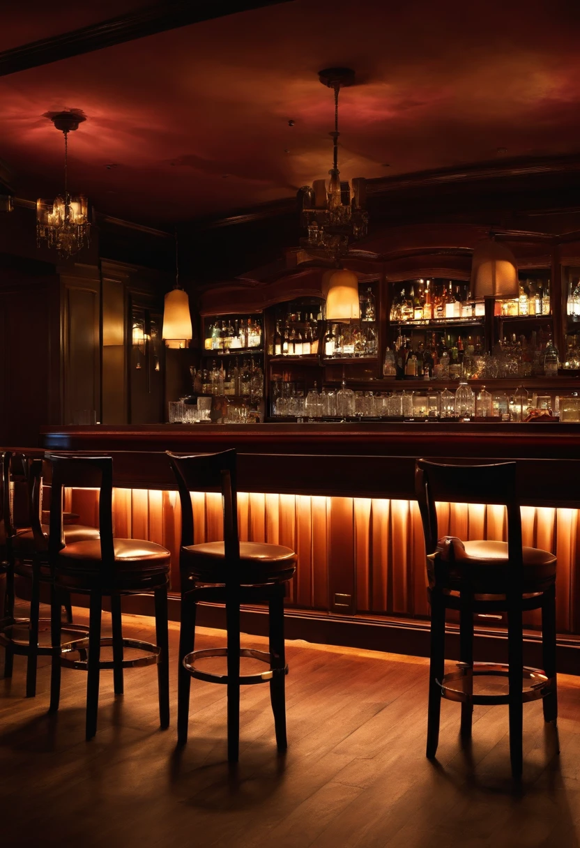 Empty bar, dark warmth, night, row of high chairs by the bar, deserted