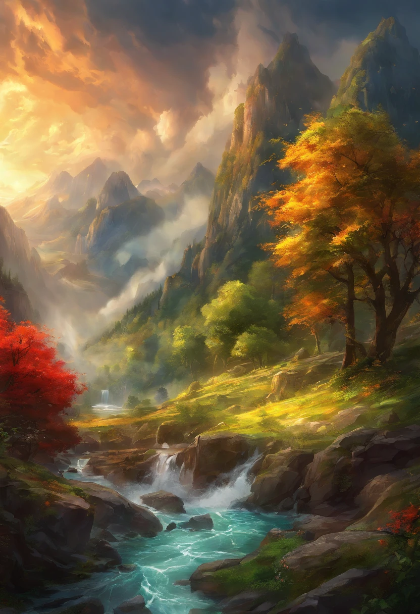 ing out, surrounded by dark clouds and a stormy sky; a raging river flowing through the valley below, with frothy white water crashing against the rocks; a lone figure standing on the mountain peak, with flowing hair and a determined expression; the figure is holding a sword, raised towards the sky; the mountain is covered in lush green vegetation, with trees and flowers blooming; the sunlight is casting a warm golden glow on the scene; the overall image has a majestic and epic feel.
(high quality,4k,8k,highres,masterpiece:1.2),ultra-detailed,(realistic,photorealistic,photo-realistic:1.37),HDR,UHD,studio lighting,ultra-fine painting,sharp focus,physically-based rendering,extreme detail description,professional,vivid colors,bokeh,portraits,landscape,horror,anime,sci-fi,photography,concept artists,fiery red, dramatic black, vibrant green, golden sunlight, stormy clouds, strong and moody lighting
