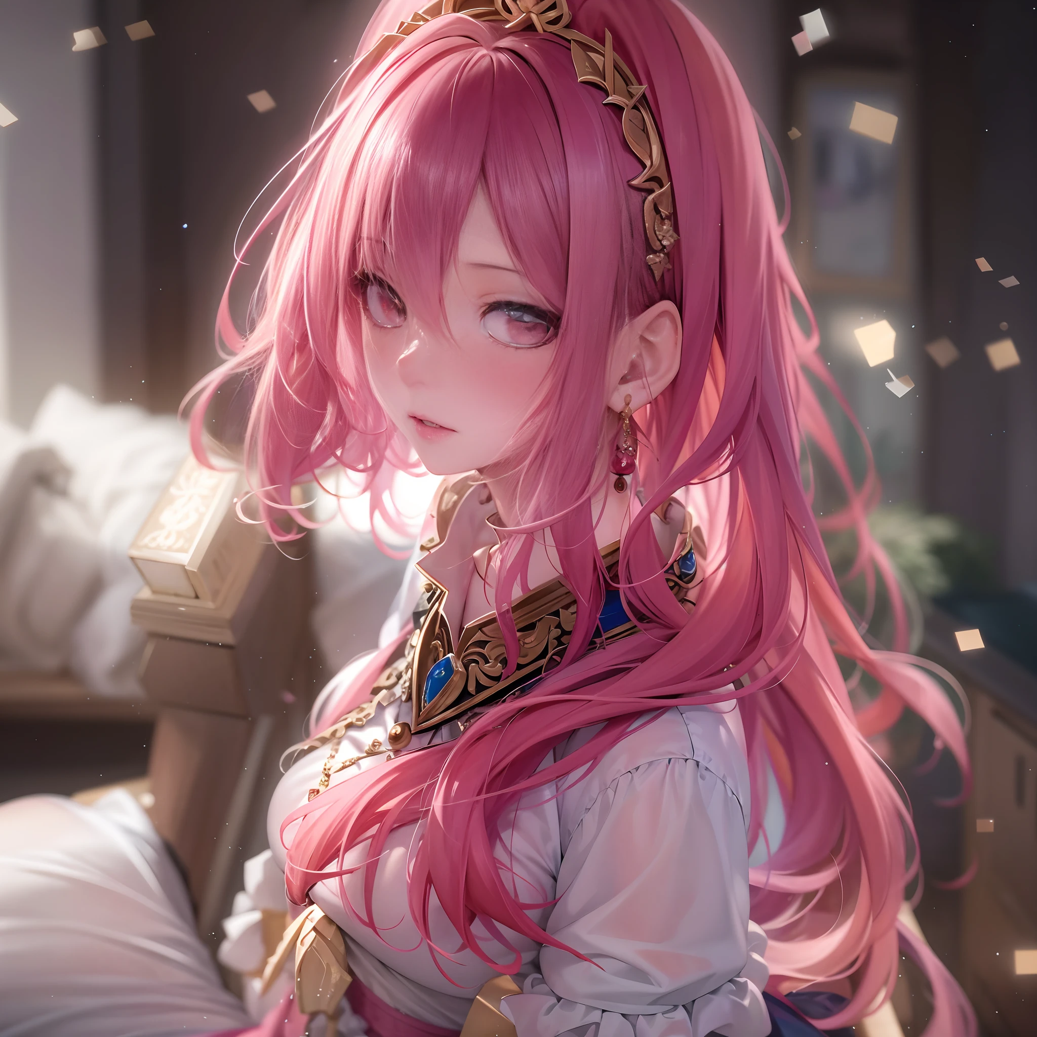 Best quality, Masterpiece, A high resolution, 1girll,china dress,hair adornments,necklace, jewelry,Beautiful face,Tyndall effect,Photorealistic, Dark Studio, rim lit, twotonelighting,(highdetailskin:1.2), 8K  UHD, Digital SLR, Soft lighting, High quality, voluminetric lighting, candid, photographed, high resolution, 4K, 8K, Bokeh, Pink hair, Solo，White shirt, Red skirt, Socks, double tails
