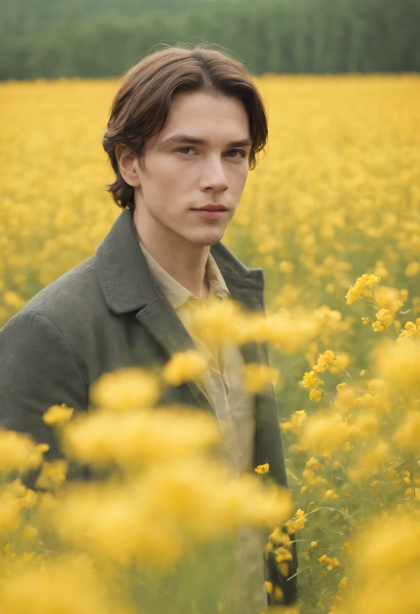 man in field of yellow flowers, in the style of lo-fi aesthetics, candid portraiture, light yellow and green, uniformly staged images, pastoral, bloomcore, close up