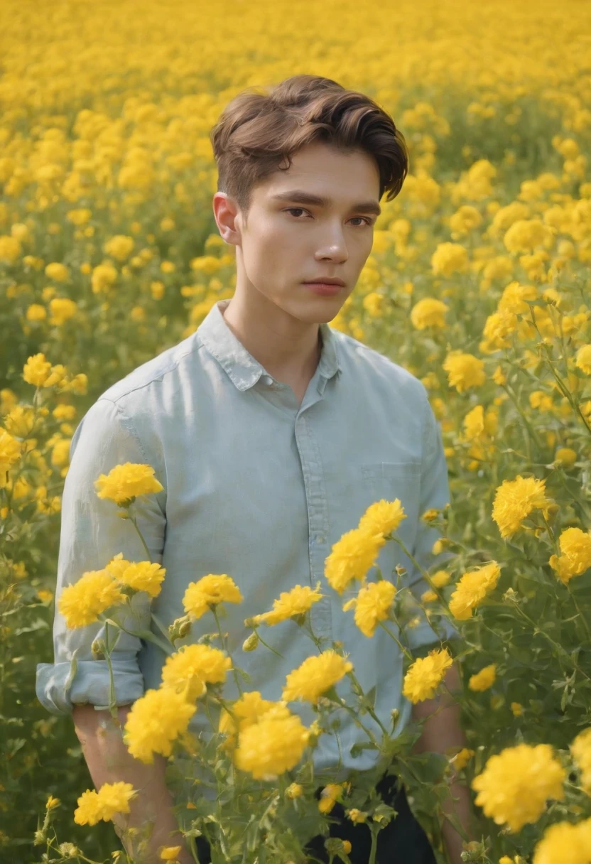 Boy with short curly yellow hair on the side and shaved, brown dark eyes, in a field of flowers