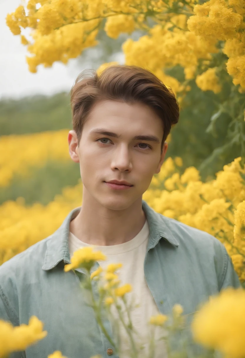man in field of yellow flowers, in the style of lo-fi aesthetics, candid portraiture, light yellow and green, uniformly staged images, pastoral, bloomcore, close up