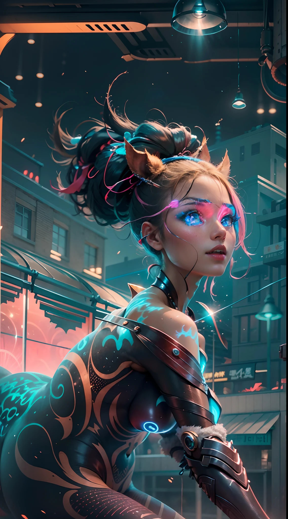 In a very grand scene,The extra-large wide-angle lens captures the appearance of a female centaur。(She is traveling through the stars:9.9),She is tall,It has the ultimate curvy beauty,The muscles are slender and firm,Beautiful lines。Her facial features are tough and coquettish,Always with a sunny smile。She wears special tight-fitting equipment with a strong sense of technology,Step on multifunctional off-road style heels,Delicate and practical protective gear is worn on the hands, feet, wrists, neck and shoulders。The detection equipment around you flashes various cue lights and neon-like information screens,Let her exude a charming brilliance。Use Midjourney's advanced tools,Design special tight-fitting equipment for female centaurs,Highlight her unique physiological characteristics and appearance details,Add realism。And in her adventure scene,Spectacular views of nature,Such as the sky where storms and sunny days alternate、Brilliant rivers of stars and auroras、The snow-capped summit of Mount Everest、Fireworks in the mountain town, etc。ao mesmo tempo,Away from the hustle and bustle of Long Beach Pier is a neon-lit spaceship docked,Create a fantastic scene。Use Midjourney's advanced tools and multiple color palettes、Brush Strokes、Texture tools and model packages,It shows a sense of atmosphere where beauty and charm coexist。The charm of the female centaur is highlighted through color and lines,Enhance realism with detailing,Create a surreal dreamy feeling。Additionally,Use Midjourney's tools to add a variety of extreme sports gear and cultural trinkets to the female centaur,Create intricate hairstyles and outfits,Give her a sense of premium。She never flinches,Regardless of the terrain,can respond quickly,Even the extreme geography and dangerous terrain of aliens cannot stop her。Use Midjourney's powerful tools,You can do it with incredible detail and beauty,Bring this ultra-grand and beautiful scene to life。Ultra-grand scenes,super wide shot, hdr,(真实感,Masterpiece quality,