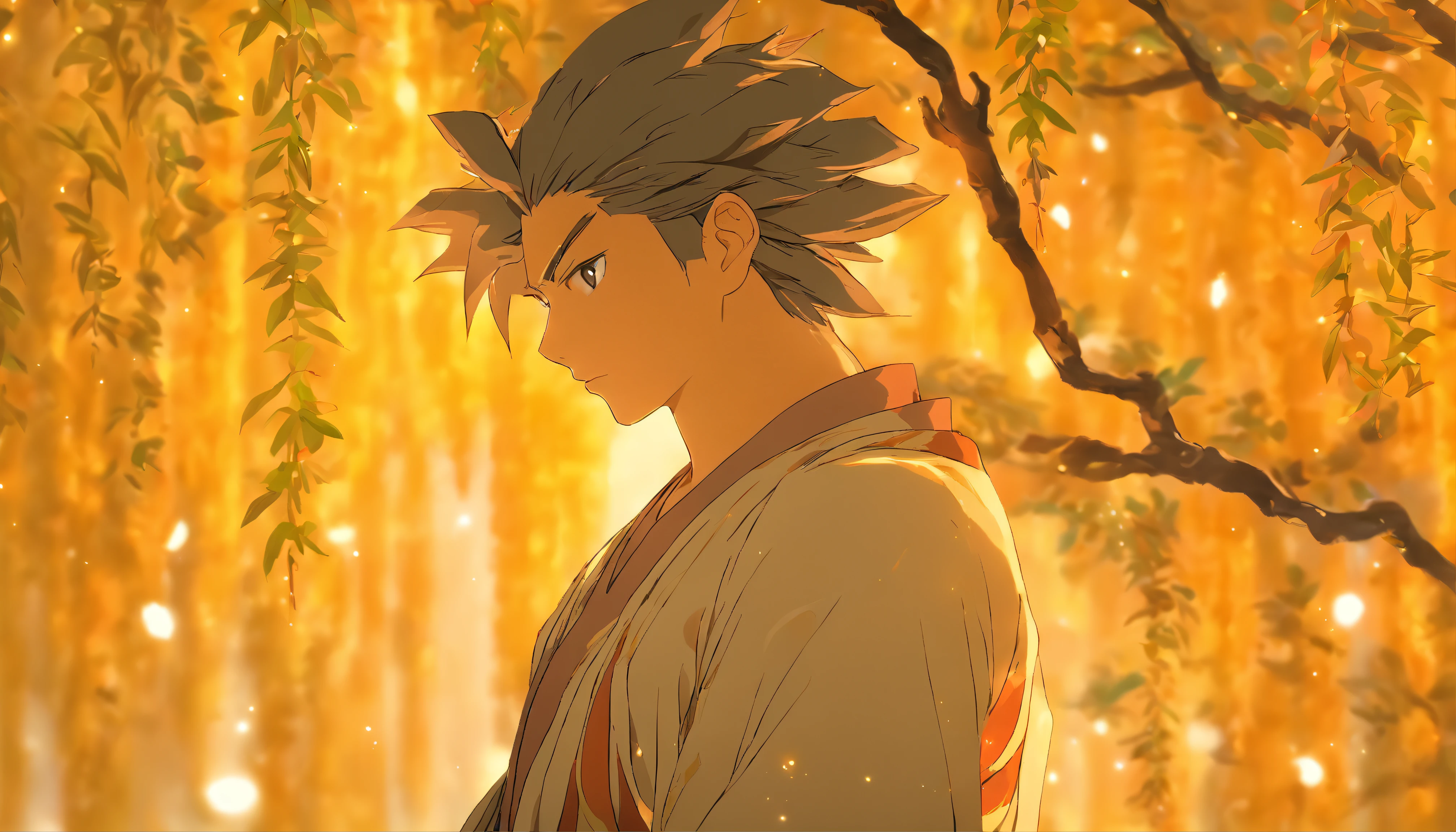 A young man standing under the Bodhi tree, gazing into the distance with a mesmerized look, as if immersed in the timeless years. The wind blows gently, causing the willow tree to sway, as if moved by her expression.,in the style of the stars art group xing xing, 32k, best quality, masterpiece, super detail, high details