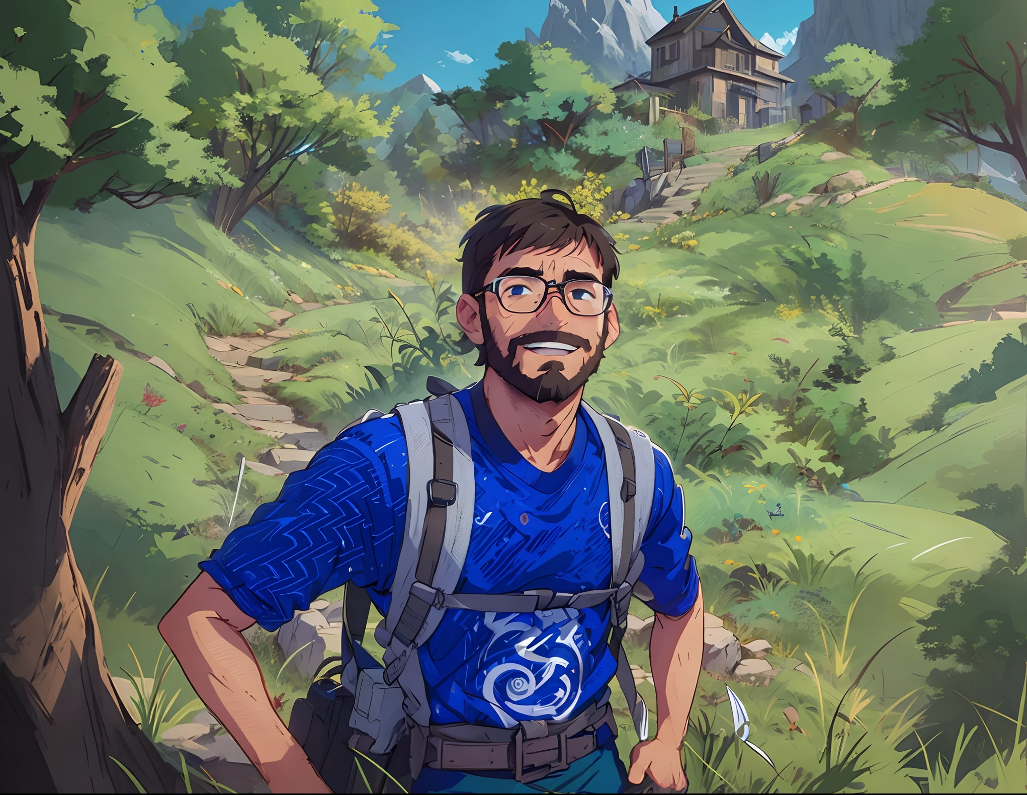 there is a man with glasses and a backpack standing in the grass, portrait of an adventurer, rpg book portrait, epic rpg portrait, silvain sarrailh, rpg portrait, unreal 5. rpg portrait, caleb from critical role, makoto shinkai ( apex legends ), crisp clear rpg portrait, fullbody rpg portrait, avatar image, detailed character portrait