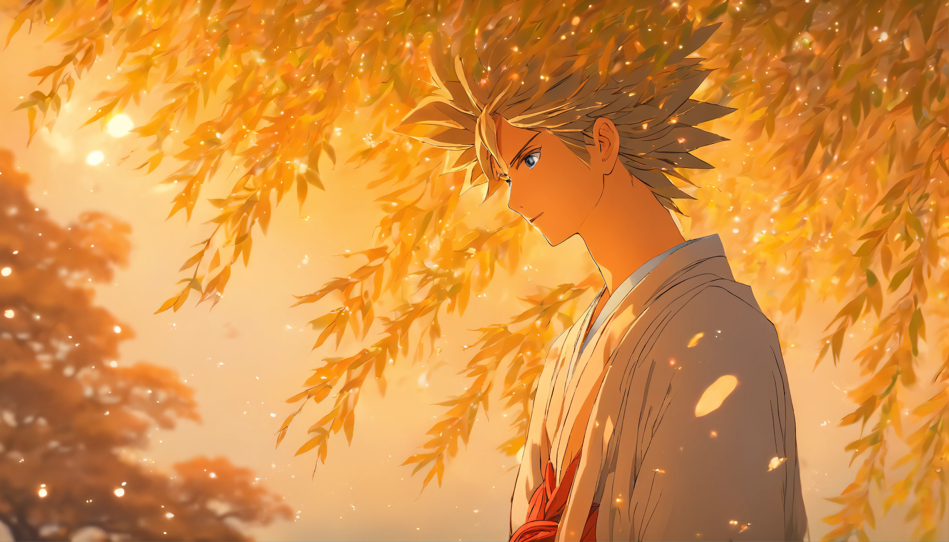 A young man standing under the Bodhi tree, gazing into the distance with a mesmerized look, as if immersed in the timeless years. The wind blows gently, causing the willow tree to sway, as if moved by her expression.,in the style of the stars art group xing xing, 32k, best quality, masterpiece, super detail, high details