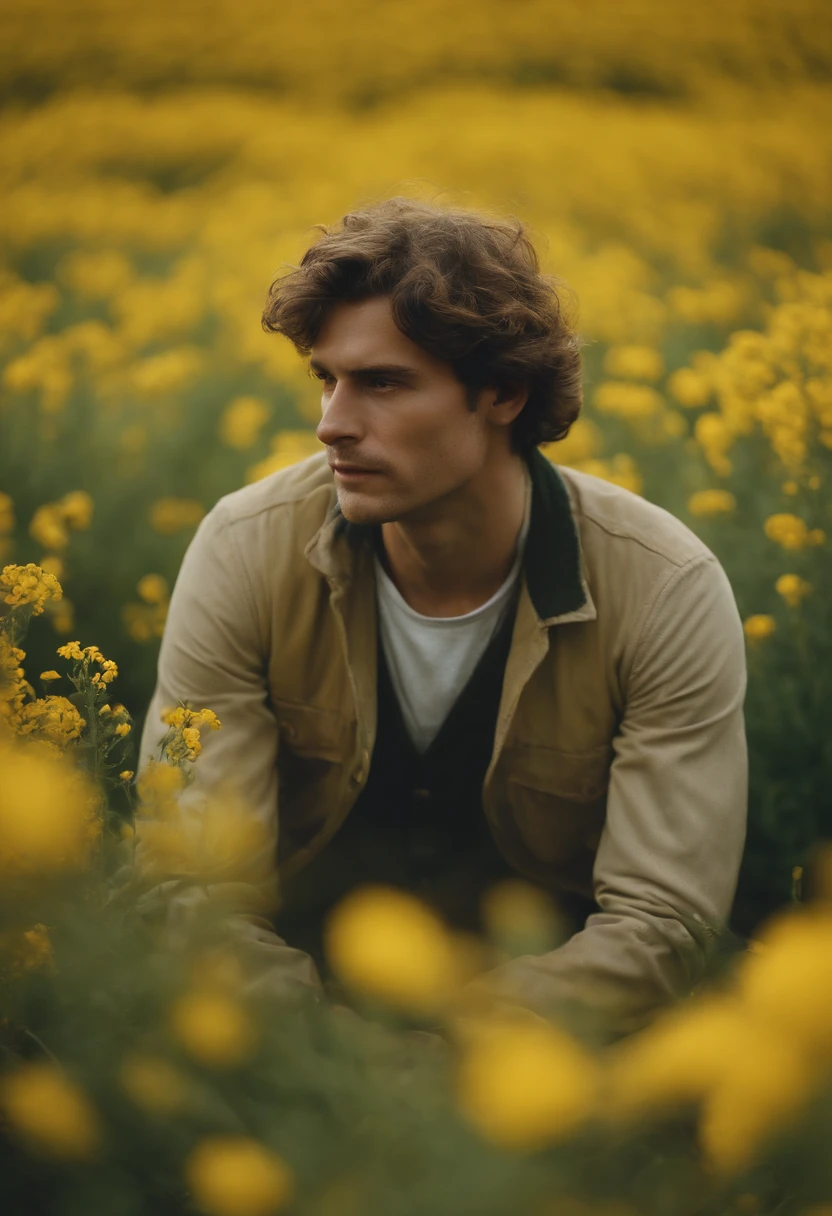 man in field of yellow flowers, in the style of lo-fi aesthetics, candid portraiture, light yellow and green, uniformly staged images, pastoral, bloomcore, close up