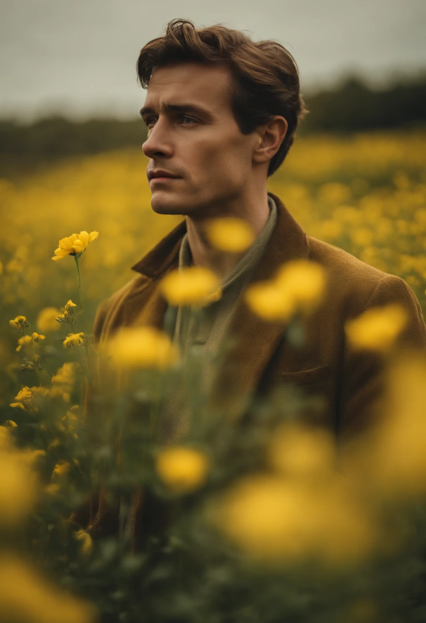 man in field of yellow flowers, in the style of lo-fi aesthetics, candid portraiture, light yellow and green, uniformly staged images, pastoral, bloomcore, close up