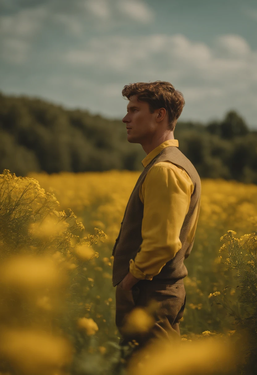 man in field of yellow flowers, in the style of lo-fi aesthetics, candid portraiture, light yellow and green, uniformly staged images, pastoral, bloomcore, close up