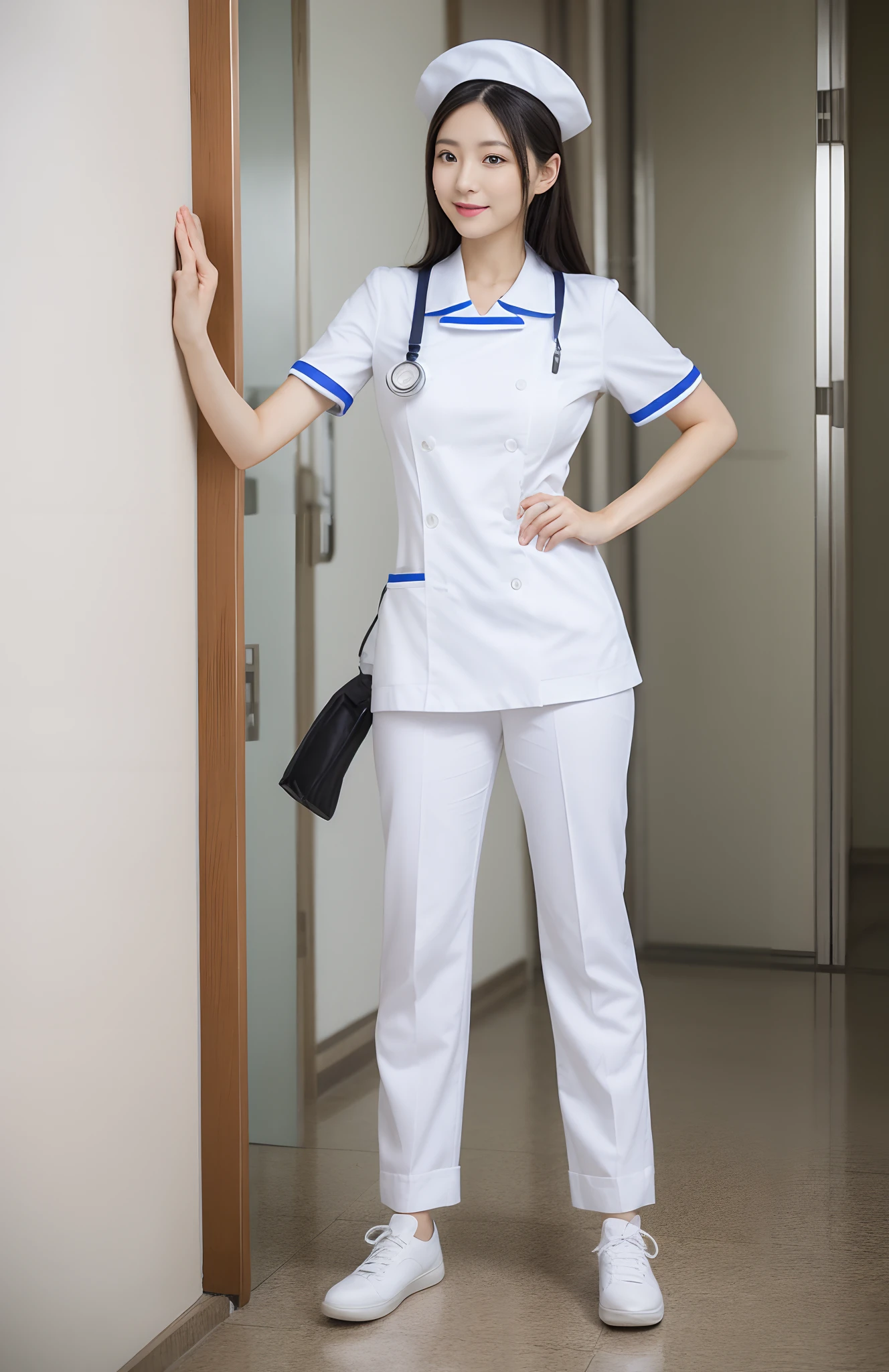 There was a woman in a white uniform, Nurse, full-body xianxia, nurse girl, healthcare worker, Fitted nurse uniform,White nurse hat,Split nurse overalls,Skinny white trousers,Nice nurse shoes,Beautiful face,The skin of the face is fair and shiny,beautidful eyes,Delicate hair,medium boob,petite and slender figure,Gravure pose,Stand dignified and generous,fully body photo