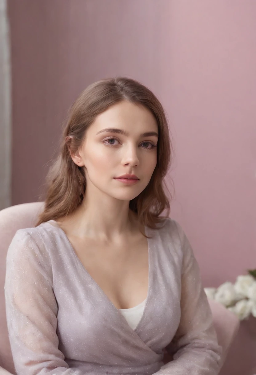 young woman siting on armchair ((upper body)) in the style of light magenta and light gray, calm and meditative, barbizon school, exaggerated facial features, light brown and white, happycore,