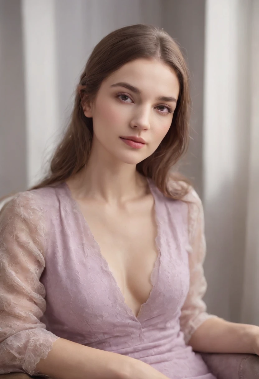 young woman siting on armchair ((upper body)) in the style of light magenta and light gray, calm and meditative, barbizon school, exaggerated facial features, light brown and white, happycore,