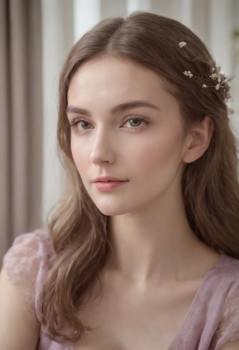 young woman siting on armchair ((upper body)) in the style of light magenta and light gray, calm and meditative, barbizon school, exaggerated facial features, light brown and white, happycore,