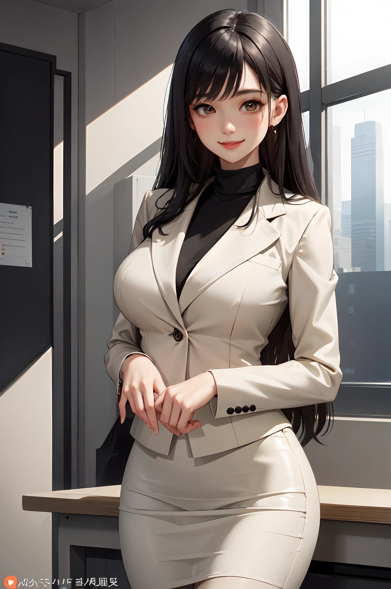 /(modern office indoors/), 1lady solo, /(suit jacket pencil skirt beige/) id card, /(black hair/) bangs, blush kind smile, (masterpiece best quality:1.2) ultra-detailed, large breasts