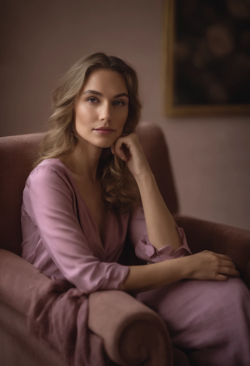 young woman siting on armchair ((upper body)) in the style of light magenta and light gray, calm and meditative, barbizon school, exaggerated facial features, light brown and white, happycore,